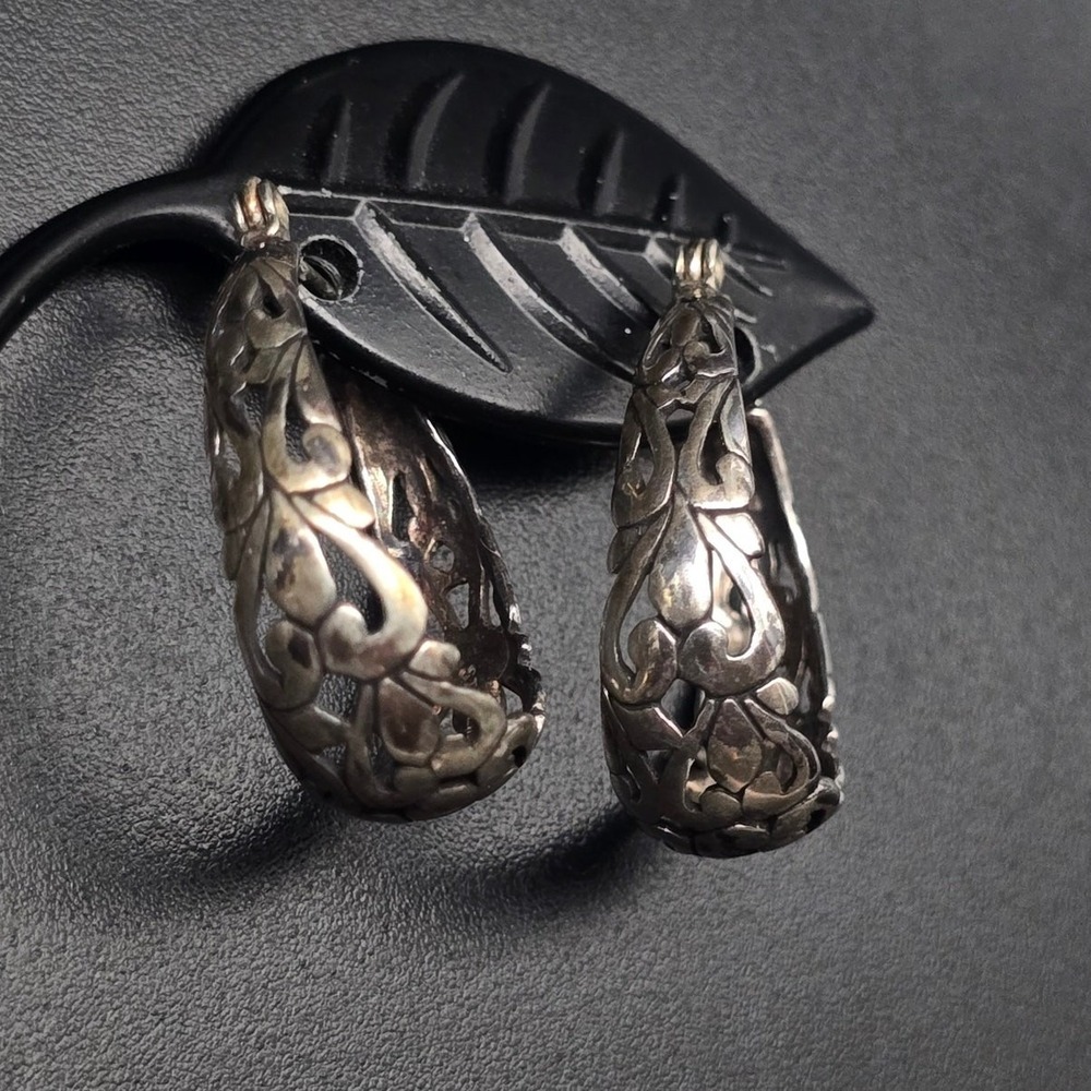 Sterling Silver Scroll Work Hoop Earrings Vintage 925